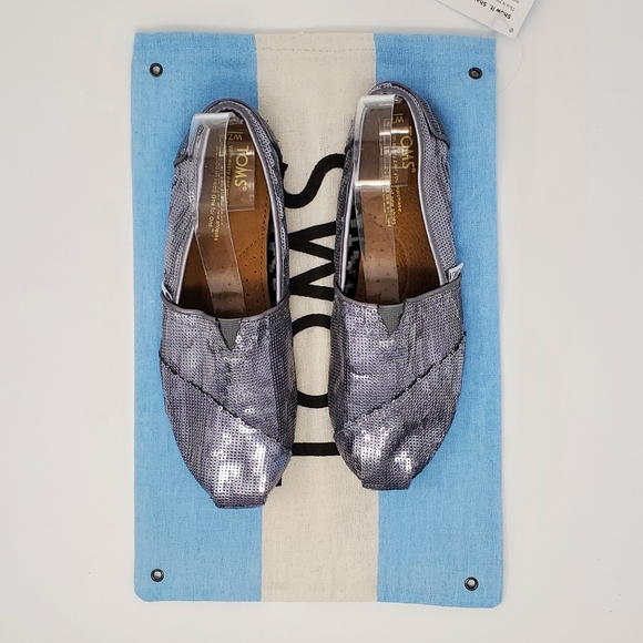 TOMS SILVER SEQUINS SLIP ON FLATS  SHOES WOMENS 7.5 BLING SPARKLE WEDDING - Picture 15 of 16